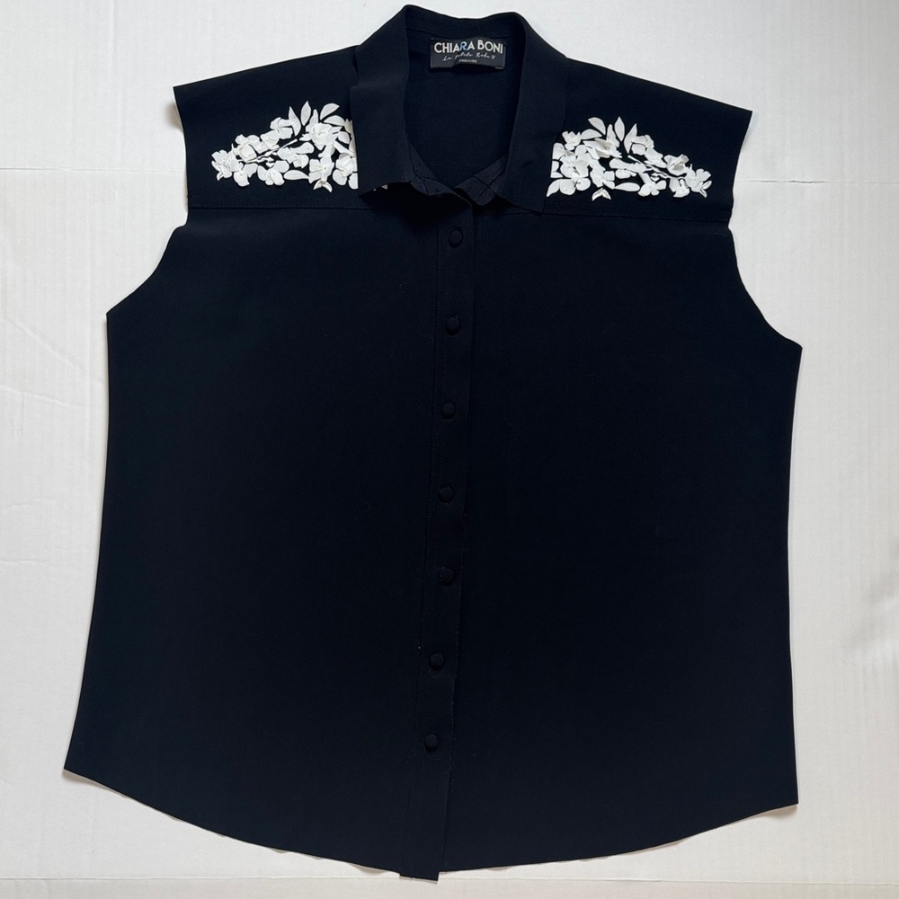 Chiara Boni Black Button Down Shirt with White Floral Detail